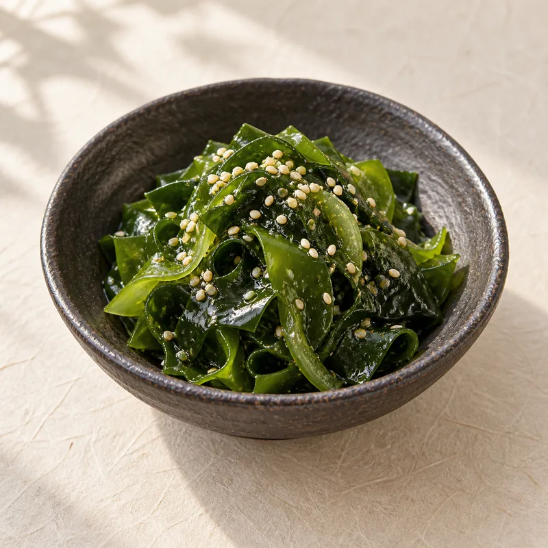 Cuenco oscuro con ensalada de alga wakame verde y vinagreta de sésamo; imagen ilustrativa.