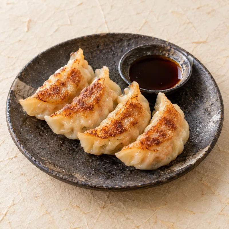Cuatro gyozas doradas de langostino con salsa teriyaki sobre cerámica oscura; imagen ilustrativa.