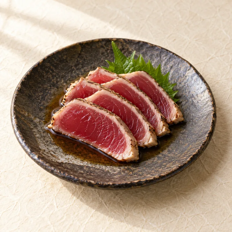 Láminas de tataki de atún de centro rojo y bordes sellados con ponzu en un plato oscuro; imagen ilustrativa.