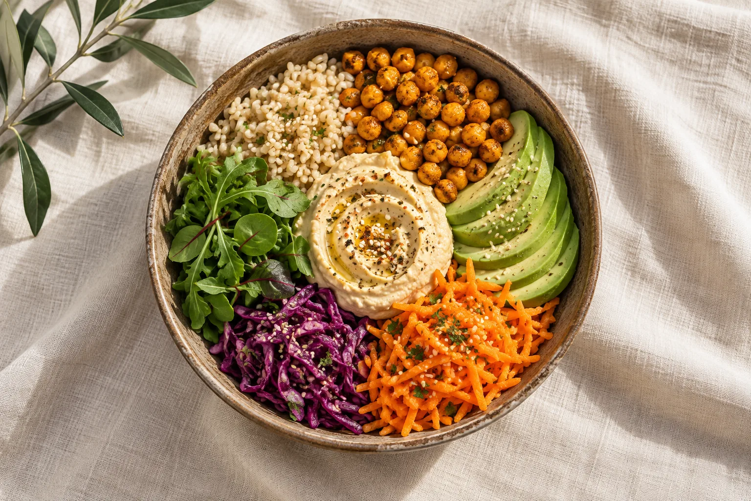 Buddha Bowl con arroz integral, garbanzos, aguacate y hummus