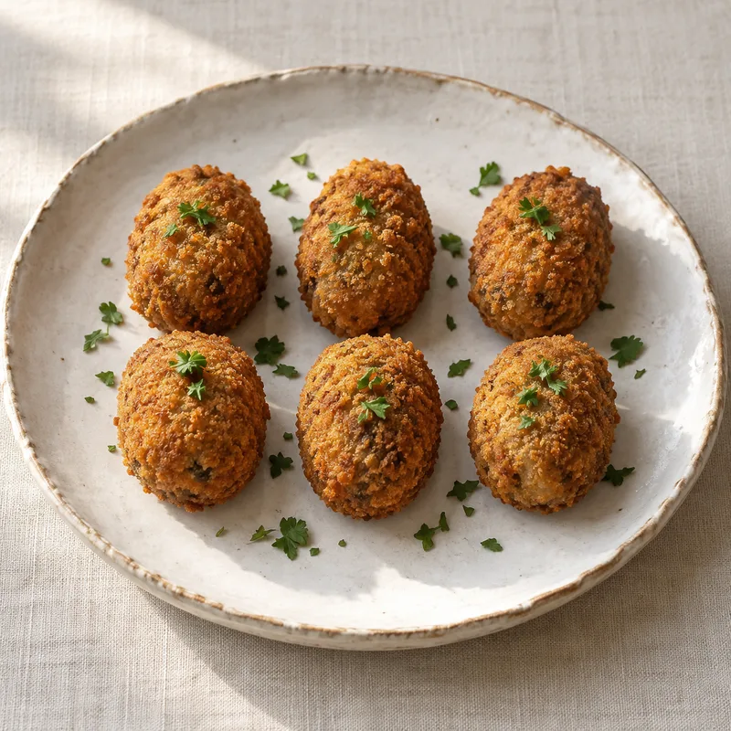 Seis croquetas de setas de corteza dorada con perejil, sobre un plato de cerámica claro; imagen ilustrativa.