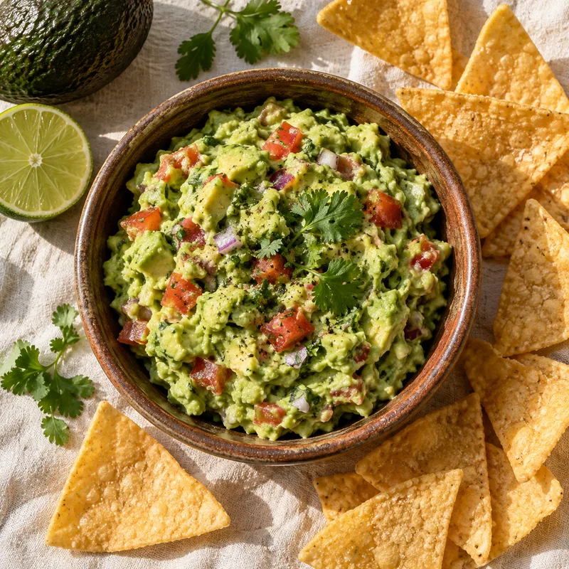 Guacamole de aguacate con tomate y cilantro, acompañado de totopos de maíz; imagen ilustrativa.