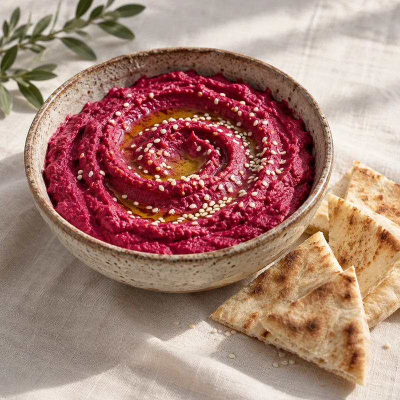 Hummus de remolacha de color magenta, con sésamo y pan de pita alrededor del cuenco; imagen ilustrativa.