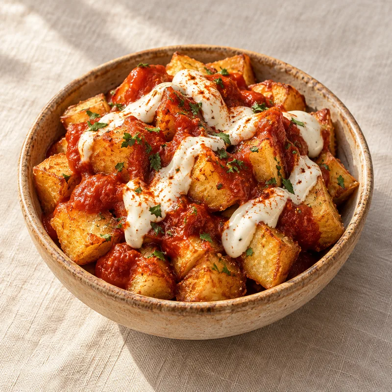 Patatas bravas doradas con salsa roja y alioli vegetal blanco en un cuenco de cerámica; imagen ilustrativa.